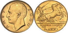 ALBANIE
Ahmed Zogu, président (1925-1928). 100 franga (sans étoile) 1927, R, Rome.NGC MS 62 (2127388-036).
Av. AMET ZOGU. Tête nue à gauche. 
Rv. ALBA...