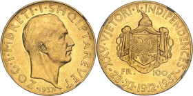 ALBANIE
Zog Ier (1/9/1928-1939). 100 franga ari, 25e anniversaire de l’indépendance 1937, R, Rome.NGC MS 62 (2127388-049).
Av. ZOG. I. MBRETI. I. SHQI...