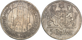 ALLEMAGNE
Dantzig (ville libre de). 5 florins (5 gulden) 1927, Berlin.PCGS MS64 (41371471).
Av. FREIE STADT DANZIG * FÜNF GULDEN * (date). Vue de la C...