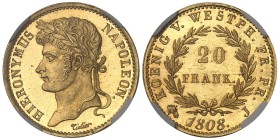 ALLEMAGNE
Westphalie, Jérôme Napoléon (1807-1813). 20 frank, Flan bruni 1808, J, Paris.NGC PF 63 CAMEO (2888421-001).
Av. HIERONYMUS NAPOLEON, Tête ...