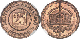 ALLEMAGNE
Empire allemand, Guillaume II (1888-1918). Essai de 25 pfennig en cuivre 1907, A, Berlin.NGC MS 64 RD (6631355-083).
Av. DEUTSCHES REICH / (...