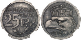 ALLEMAGNE
Empire allemand, Guillaume II (1888-1918). Essai de 25 pfennig en cupro-nickel, Flan bruni mat (PROOF MATTE) 1908, D, Munich.NGC PF 64 MATTE...