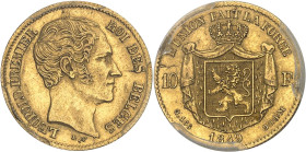 BELGIQUE
Léopold Ier (1831-1865). 10 francs 1849, Bruxelles.PCGS AU58 (44994488).
Av. LEOPOLD PREMIER - ROI DES BELGES. Tête nue à droite, au-dessous ...