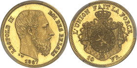 BELGIQUE
Léopold II (1865-1909). Essai de 10 francs Or, par L. Wiener 1867, Bruxelles.PCGS MS64 (43052956).
Av. LEOPOLD II ROI DES BELGES. Tête nue à ...