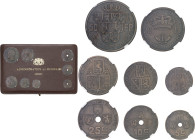 BELGIQUE
Léopold III (1934-1951). Coffret de 8 essais de 50, 20, 5 et 1 francs et de 50, 25, 10 et 5 centimes en bronze, flans mats 1935-1939, Bruxell...