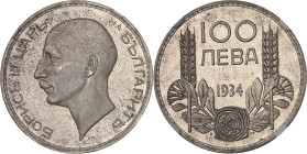 BULGARIE
Boris III (1918-1943). 100 leva, Flan bruni (PROOF) 1934.NGC PF 65 (2786902-047).
Av. Légende en cyrillique. Buste à gauche ; au-dessous sign...