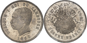 CAMBODGE
Norodom Ier (1860-1904). 4 francs, frappe postérieure 1860 [c.1875], Bruxelles (Würden) [puis Phnom Penh].NGC MS 64 (4502499-023).
Av. NORODO...