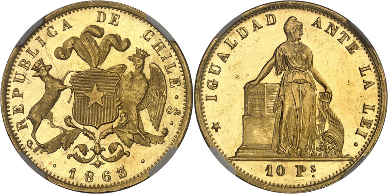 CHILI
République. 10 pesos, d’aspect Flan bruni (PROOFLIKE) 1863/3, S°, Santiago...