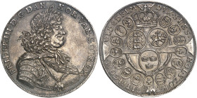 DANEMARK
Frédéric III (1648-1670). 2 speciedaler non daté ND (1669) GK, Copenhague.NGC AU 58 (2125760-001).
Av. FRIDER. III. D. G. DAN - NOR. VAN. GOT...