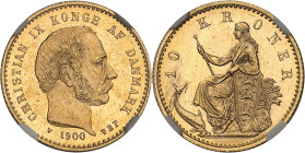 DANEMARK
Christian IX (1863-1906). 10 kroner 1900 VBP, Copenhague.NGC MS 65 (6453541-006).
Av. CHRISTIAN IX KONGE AF DANMARK. Tête nue à droite ; sign...