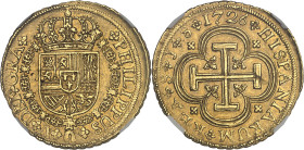 ESPAGNE
Philippe V (1700-1746). 8 escudos 1726 J, S, Séville.NGC AU 58 (6632266-049).
Av. * PHILIPPVS* V* - *DEI* GRA*. Écu couronné et entouré du col...