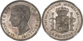 ESPAGNE
Alphonse XII (1874-1885). 5 pesetas 1875 (18 - 75) DE, M, Madrid.NGC MS 64 (6633193-001).
Av. ALFONSO XII REY DE ESPANA. Tête nue à gauche, si...