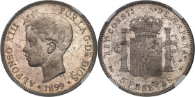 ESPAGNE
Alphonse XIII (1886-1931). 5 pesetas, buste juvénile 1899 (18 - 99) SG, V, Madrid.NGC MS 63 (6631356-003).
Av. ALFONSO XIII POR LA G. DE DIOS....
