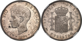 ESPAGNE
Alphonse XIII (1886-1931). 5 pesetas, buste juvénile 1899 (18 - 99) SG, V, Madrid.NGC MS 62 (6631356-002).
Av. ALFONSO XIII POR LA G. DE DIOS....