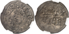FRANCE / CAROLINGIENS
Charles II le Chauve (840-877). Denier ND (840-877), Bourges.NGC AU 50 (5783258-012).
Av. + CARLVS REX. Buste lauré à gauche. 
R...