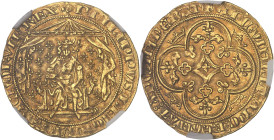 FRANCE / CAPÉTIENS
Philippe VI (1328-1350). Pavillon d’or ND (1339).NGC AU 53 (6632268-020).
Av. (lis) PHILIPPVS: DEI: GRA: FRANCHORVM: REX. Le Roi as...