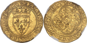 FRANCE / CAPÉTIENS
Charles VI (1380-1422). Écu d’or à la couronne, 2e émission ND (1388-1389).NGC MS 62 (6631355-017).
Av. + KAROLVSx DEIx G[R]ACIAx F...