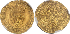 FRANCE / CAPÉTIENS
Charles VI (1380-1422). Écu d’or à la couronne, 3e émission ND (1389-1394), Saint-Pourçain.NGC MS 63 (5859769-001).
Av. + KAROLVSx ...
