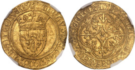 FRANCE / CAPÉTIENS
Charles VI (1380-1422). Écu d’or à la couronne, 5e émission ND (1411-1418), Saint-Lô.NGC MS 64 (6630870-048).
Av. + KAROLVSx DEIx G...