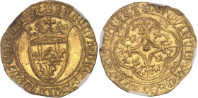 FRANCE / CAPÉTIENS
Charles VI (1380-1422). Écu d’or à la couronne, 5e émission ND (1411-1418), Saint-Lô.NGC MS 63 (6630870-053).
Av. + KAROLVSx DEIx G...