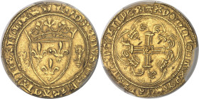 FRANCE / CAPÉTIENS
Louis XI (1461-1483). Écu d’or à la couronne, 1ère émission ND (1461), Saint-Pourçain.PCGS AU55 (46420510).
Av. (couronnelle) LVDOV...