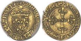 FRANCE / CAPÉTIENS
Louis XI (1461-1483). Demi-écu d’or au soleil ND (1475), Lyon.PCGS Genuine Cleaned-AU Detail (46420511).
Av. (trèfle) LVDOVICVS° DE...
