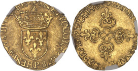 FRANCE / CAPÉTIENS
Henri III (1574-1589). Écu d’or au soleil 1578, P, Dijon.NGC MS 63 (6631355-035).
Av. (à 6 h.) HENRICVS. III. D. G. FR - AN. ET. PO...