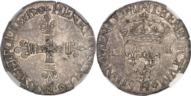 FRANCE / CAPÉTIENS
Henri III (1574-1589). Quart d’écu 1578, H, La Rochelle.NGC MS 61 (6633791-009).
Av. + HENRICVS. III. D. G. FRANC. ET. POL. REX (da...