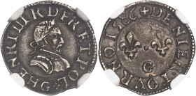 FRANCE / CAPÉTIENS
Henri III (1574-1589). Essai ou frappe en argent du denier tournois 1586, G, Poitiers.NGC AU 53 (6631355-080).
Av. (à 6 h.) HENRI I...