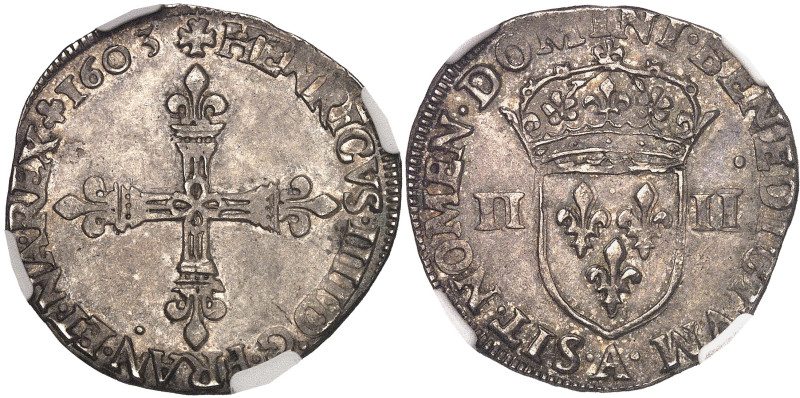 FRANCE / CAPÉTIENS
Henri IV (1589-1610). Quart d’écu, 1er type avec croix aux br...