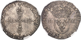 FRANCE / CAPÉTIENS
Henri IV (1589-1610). Quart d’écu, 1er type avec croix aux bras fleurdelisés de face 1603, A, Paris.NGC AU 55 (6633791-010).
Av. + ...