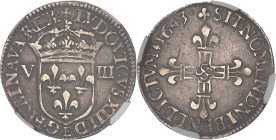 FRANCE / CAPÉTIENS
Louis XIII (1610-1643). Huitième d’écu, 1er type, écu de face 1643, E, Tours.NGC XF DETAILS REV CLEANED (6631356-034).
Av. + LVDOVI...