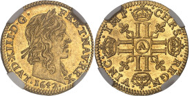 FRANCE / CAPÉTIENS
Louis XIII (1610-1643). Demi-louis d’or 1642, A, Paris.NGC MS 66 (6630870-044).
Av. LVD. XIII D. G. FR. ET. NAV. REX. Tête laurée d...