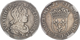 FRANCE / CAPÉTIENS
Louis XIV (1643-1715). Quart d’écu à la mèche courte 1645, D, Lyon.NGC VF 25 (6633192-053).
Av. LVD. XIIII. D. G. FR. ET. NAV. REX....
