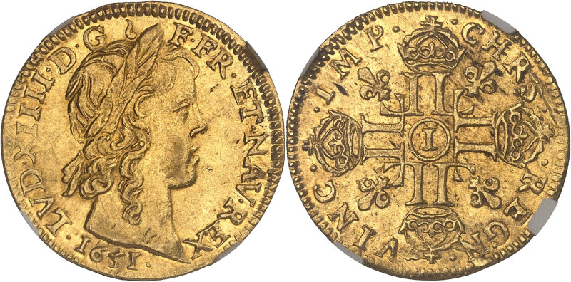 FRANCE / CAPÉTIENS
Louis XIV (1643-1715). Louis d’or à la mèche longue 1651, I, ...