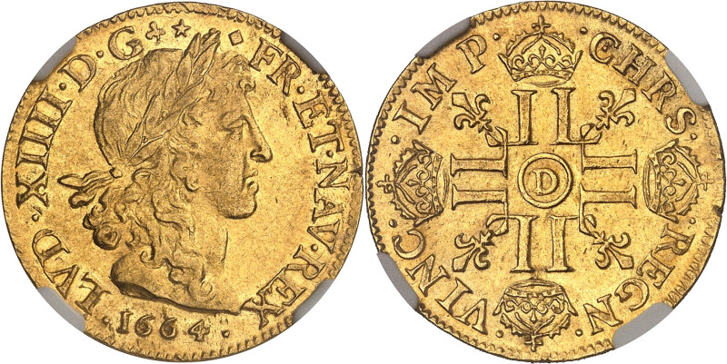 FRANCE / CAPÉTIENS
Louis XIV (1643-1715). Louis d’or juvénile lauré 1664, D, Lyo...