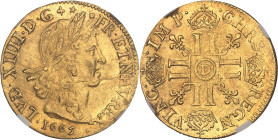 FRANCE / CAPÉTIENS
Louis XIV (1643-1715). Louis d’or juvénile lauré 1665, D, Lyon.NGC MS 64 (6633193-096).
Av. LVD. XIIII. D. G (différents) - (différ...