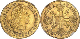 FRANCE / CAPÉTIENS
Louis XIV (1643-1715). Louis d’or juvénile lauré 1669, L, Bayonne.NGC MS 63+ (6633193-099).
Av. LVD. XIIII. D. G (différent) - FR. ...