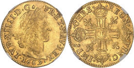 FRANCE / CAPÉTIENS
Louis XIV (1643-1715). Louis d’or juvénile lauré 1669, L, Bayonne.NGC MS 61 (6633193-101).
Av. LVD. XIIII. D. G (différent) - FR. E...