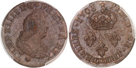 FRANCE / CAPÉTIENS
Louis XIV (1643-1715). Pièce de quatre deniers, légende latine 1708, BB, Strasbourg.PCGS MS62BN (35475150).
Av. L. XIIII. D. G (sol...