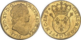 FRANCE / CAPÉTIENS
Louis XV (1715-1774). Louis d’or aux insignes, 1er type (de transition), flan neuf 1716, D, Lyon.PCGS MS62 (45859640).
Av. LVD. XV....