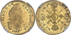 FRANCE / CAPÉTIENS
Louis XIV (1643-1715). Louis d’or aux quatre L 1695, S, Reims.NGC AU 55 (6633193-026).
Av. LVD. XIIII. D. G (soleil) - FR. ET. NAV....