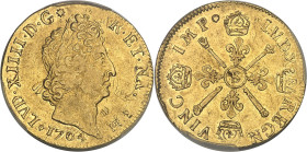FRANCE / CAPÉTIENS
Louis XIV (1643-1715). Double louis d’or aux insignes 1704, S, Reims.PCGS VF35 (42405932).
Av. (différent) LVD. XIIII. D. G (soleil...