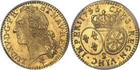 FRANCE / CAPÉTIENS
Louis XV (1715-1774). Louis d’or au bandeau 1756/2, S, Reims.PCGS MS65 (41026400).
Av. LVD. XV. D. G. FR. ET. NAV. REX. Tête à gauc...