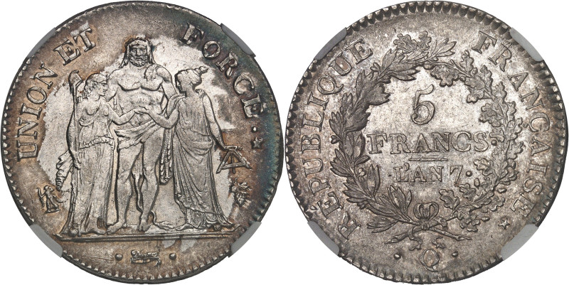 FRANCE
Directoire (1795-1799). 5 francs Union et Force An 7, Q, Perpignan.NGC AU...