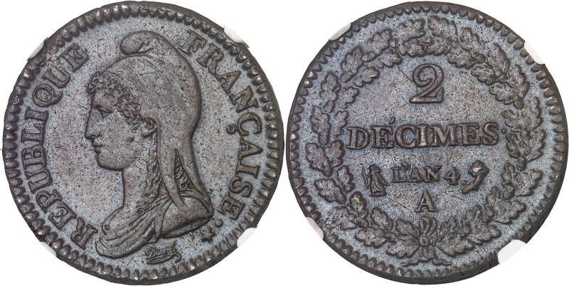 FRANCE
Directoire (1795-1799). 2 décimes Dupré An 4 (1795), A, Paris.NGC MS 63 B...