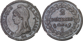 FRANCE
Directoire (1795-1799). 2 décimes Dupré An 4 (1795), A, Paris.NGC MS 63 BN (6281247-003).
Av. REPUBLIQUE FRANÇAISE.*. Buste de la République à ...