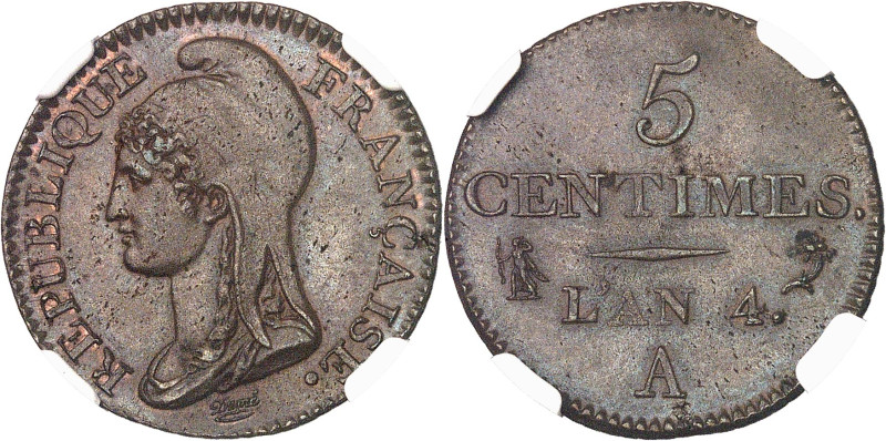 FRANCE
Directoire (1795-1799). Cinq centimes Dupré, petit module An 4 (1796), A,...