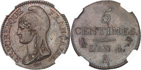 FRANCE
Directoire (1795-1799). Cinq centimes Dupré, petit module An 4 (1796), A, Paris.NGC MS 64 BN (6630870-041).
Av. REPUBLIQUE FRANÇAISE. Buste de ...