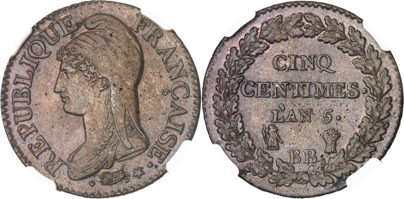 FRANCE
Directoire (1795-1799). Cinq centimes Dupré, grand module An 5 (1796), BB...